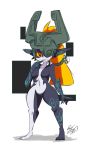  1girl bigdead93 finger_to_mouth full_body helmet highres imp long_hair midna navel neon_trim no_nipples no_pussy nude one_eye_covered orange_hair pointy_ears red_eyes small_breasts solo standing the_legend_of_zelda twilight_princess yellow_sclera 
