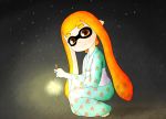  1girl bangs barefoot blunt_bangs crabbin fireworks flat_chest inkling japanese_clothes kimono long_hair looking_at_viewer mask obi payot pointy_ears sash smile solo sparkler splatoon squatting summer_festival tentacle_hair toes twintails 