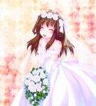  1girl bouquet brown_hair closed_eyes door_to_heaven dress elbow_gloves flower gloves hair_ornament hair_ribbon jewelry kantai_collection kongou_(kantai_collection) long_hair necklace open_mouth ribbon rose solo strapless_dress veil wedding wedding_dress 