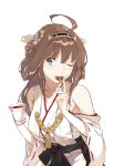  1girl ahoge brown_hair cookie cup duoyuanjun food hairband highres japanese_clothes kantai_collection kongou_(kantai_collection) long_hair nontraditional_miko one_eye_closed smile tea teacup 