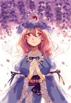  1girl arm_garter backlighting earrings flower frilled_sleeves frills hands_clasped hat highres interlocked_fingers jewelry light_smile looking_at_viewer obi petals pink_eyes pink_hair saigyouji_yuyuko sash short_hair siam_(meow13) solo touhou triangular_headpiece veil wide_sleeves 