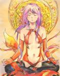  1girl bare_shoulders black_legwear breasts center_opening cleavage closed_eyes detached_sleeves elbow_gloves fingerless_gloves gloves guilty_crown hair_ornament hairclip indian_style long_hair meditation mudra navel pink_hair sitting solo thigh-highs twintails vitarka_mudra yuzuriha_inori 