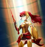  1girl armlet armor bare_shoulders belt black_gloves breastplate breasts buckle cleavage corset elbow_gloves forehead_protector gloves gorget greaves green_eyes helpyourselfish highres jewelry light_particles light_rays long_hair medallion neck_ring ponytail pyrrha_nikos redhead rwby sarong serious shield skirt solo spotlight sword weapon 
