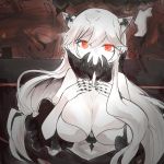  1girl breasts cleavage covered_mouth dress horns itomugi-kun kantai_collection large_breasts long_hair midway_hime pale_skin red_eyes shinkaisei-kan solo veins very_long_hair white_dress white_hair white_skin 