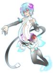  1girl ayanami_rei belt blue_hair detached_sleeves hatsune_miku hatsune_miku_(cosplay) miku_append navel neon_genesis_evangelion outstretched_arm red_eyes short_hair singing solo vocaloid vocaloid_append yuzuki_yuno 