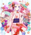  1girl blue_eyes flower flower_on_head hair_ornament japanese_clothes kay_(utd) kimono looking_away original purple_hair rose short_hair solo 