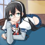  1girl aqua_eyes black_hair dd_(ijigendd) glasses hairband kantai_collection leaning long_hair looking_at_viewer ooyodo_(kantai_collection) smile solo 