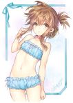  1girl bare_shoulders blue_bra blue_panties bra brown_eyes brown_hair hair_ornament hair_up inazuma_(kantai_collection) kaguyuzu kantai_collection looking_at_viewer navel open_mouth panties payot short_hair_with_long_locks small_breasts solo stomach underwear underwear_only 