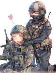  assault_rifle blue_eyes blush combat_boots commentary daito gloves gun hands_on_shoulders hat heckler_&amp;_koch hk416 mask massage military military_uniform one_eye_closed open_mouth original rifle short_hair sitting smile uniform weapon 
