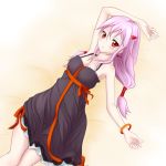  bare_shoulders blush breasts guilty_crown hair_ornament hairclip iray long_hair looking_at_viewer lying open_mouth pink_hair red_eyes smile twintails yuzuriha_inori 