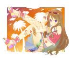  1girl aikatsu! bare_shoulders blush brown_hair chimaki earrings jewelry long_hair midriff navel purple_eyes shibuki_ran skirt solo summer sunglasses sunglasses_on_head tree 