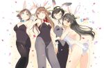  4girls animal_ears bare_shoulders black_hair blush bowtie breasts brown_hair bunny_tail bunnysuit cleavage detached_collar female glasses grin hairband haruna_(kantai_collection) hiei_(kantai_collection) kantai_collection kirishima_(kantai_collection) kongou_(kantai_collection) leotard long_hair looking_at_viewer looking_back multiple_girls odd_one_out one_eye_closed pantyhose rabbit_ears short_hair smile tail ume_(plumblossom) watermark web_address wrist_cuffs 
