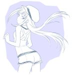  1girl akemi_homura alternate_costume cabbie_hat from_behind greyscale hat head_tilt kinoji long_hair looking_at_viewer looking_back mahou_shoujo_madoka_magica monochrome shorts simple_background solo 