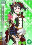  1girl black_gloves black_hair blush character_name dress earrings flower gloves happy hat jewelry long_hair love_live!_school_idol_project microphone official_art open_mouth red_eyes ribbon rose smile solo thighhighs twintails wink yazawa_nico 
