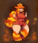  1girl breasts camerupt flaming_hair full_body large_breasts long_hair maxie mega_pokemon orange_hair personification pokemon pokemon_(game) pokemon_oras red_eyes solo thick_thighs thighs unitard very_long_hair wide_hips 