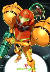  1girl alien arm_cannon blue_eyes daniel_macgregor from_above looking_up metroid metroid_(creature) power_armor samus_aran varia_suit weapon 