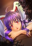  1girl ahoge animal_ears blush bust close-up eyelashes face fingernails hands leaf lingerie lips lipstick long_hair looking_at_viewer makeup nail_polish open_mouth pink_nails plant purple_hair rabbit_ears red_eyes reisen_udongein_inaba solo touhou underwear 
