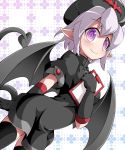  1girl bangs bioroid_hei black_legwear blush clipboard commentary_request demon_girl demon_wings dutch_angle gloves grey_hair hat looking_at_viewer mon-musu_quest! monster_girl naccubus_(mon-musu_quest!) nurse payot pointy_ears shadow smile solo succubus tail thigh-highs violet_eyes white_hair wings 
