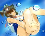  1girl bare_shoulders blush brown_eyes brown_hair bubble i-401_(kantai_collection) kantai_collection looking_at_viewer one-piece_swimsuit ponytail sailor_collar sch school_swimsuit school_uniform short_hair short_ponytail smile solo swimsuit swimsuit_under_clothes underwater 