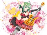  1girl :d arishiki armpits arms_behind_head breasts cleavage green_eyes green_hair guitar gumi holding instrument looking_at_viewer midriff open_mouth plaid plaid_skirt playing_instrument pleated_skirt short_hair skirt smile solo vocaloid 