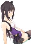  1girl akemi_homura alternate_costume alternate_hairstyle arm_support black_hair black_legwear collarbone highres long_hair mahou_shoujo_madoka_magica side_ponytail sitting solo thigh-highs violet_eyes wa_(genryusui) white_background yokozuwari 