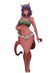  1girl blue_eyes breasts cleavage dark_skin grin horns kanta_(k_n_t_r_o) mound_of_venus nail navel original purple_hair short_hair short_shorts shorts simple_background smile solo spikes tail white_background wide_hips 