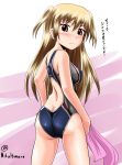  1girl alisa_leinfort ass blonde_hair competition_swimsuit eiyuu_densetsu from_behind highres homare_(suzu_no_oka) long_hair one-piece_swimsuit red_eyes sen_no_kiseki swimsuit towel translation_request two_side_up 