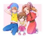  3girls akira_(natsumemo) brown_eyes brown_hair digimon digimon_adventure female gloves hat kneeling multiple_girls navel no_hat ponytail tachikawa_mimi takenouchi_sora v yagami_hikari 