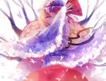 1girl artist_request blurry branch fan floral_print folding_fan frilled_sleeves frills hat highres looking_away one-eyed pink_eyes pink_hair saigyouji_yuyuko sleeves_past_wrists solo touhou triangular_headpiece unmoving_pattern wide_sleeves wind 