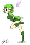  1girl ;) bigdead93 black_eyes boots fairy green_hair kokiri ocarina_of_time one_eye_closed pointy_ears running saria short_hair small_breasts smile solo the_legend_of_zelda unitard 