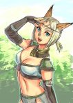  1girl animal_ears blonde_hair blue_eyes breasts cat_ears choker circlet cleavage elbow_gloves final_fantasy final_fantasy_xi fingerless_gloves gloves midriff mithra open_mouth short_hair short_twintails sketch smile solo twintails yuccoshi 