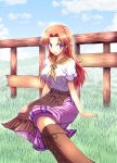  1girl blue_sky blush boots breasts brown_hair cremia cross-laced_footwear fence foreshortening knee_boots lace-up_boots long_hair long_skirt nanjou_satoshi sitting skirt sky smile solo the_legend_of_zelda the_legend_of_zelda:_majora&#039;s_mask violet_eyes 