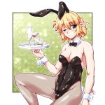  1girl :&lt; animal_ears blonde_hair blush bowtie breasts bunny_girl bunny_tail bunnysuit cleavage detached_collar drink fishnet_pantyhose fishnets green_eyes mizuhashi_parsee one_eye_closed ootsuki_wataru pantyhose pointy_ears rabbit_ears short_hair solo tail touhou tray waitress wrist_cuffs 