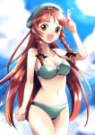  1girl :d arm_at_side bangs bare_shoulders beret bikini braid breasts brown_eyes clouds cloudy_sky green_bikini hair_ribbon hand_on_head hat hong_meiling kouhou_no_nin light_particles light_rays long_hair looking_at_viewer midriff navel open_mouth parted_bangs redhead ribbon sky smile solo swimsuit touhou tress_ribbon twin_braids 