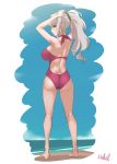  1girl arms_up ass bare_legs breasts brown_eyes don_michael from_behind grey_hair idolmaster long_hair looking_back pink_swimsuit ponytail shijou_takane signature solo standing 
