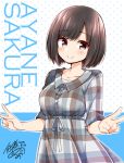  1girl artist_name black_eyes black_hair blush character_name dated double_v dress plaid plaid_dress polka_dot polka_dot_background sakura_ayane seiyuu short_hair signature smile solo tsukudani_norio v 