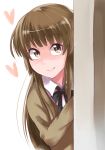  1girl absurdres amagami blush brown_eyes brown_hair heart highres kamizaki_risa long_hair peeking_out school_uniform smile solo yuto_(wyuichi_0503) 