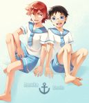  2boys anchor barefoot black_hair blue_eyes cr72 glasses male multiple_boys naruko_shoukichi onoda_sakamichi open_mouth red_eyes redhead sailor_collar short_hair sitting yowamushi_pedal 