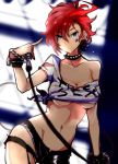  bare_shoulders blue_eyes character_request collar earrings facial_tattoo jewelry microphone midriff mound_of_venus navel redhead shirt_slip shohe shorts spiked_collar spikes sweat tattoo torn_shorts 