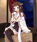 1girl ahoge box brown_hair cardboard_box cup detached_sleeves grey_eyes hair_bun hairband holding kantai_collection kay_(utd) kongou_(kantai_collection) long_hair looking_at_viewer nontraditional_miko sitting solo teacup thigh-highs translation_request zettai_ryouiki 