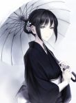  1girl bangs black_hair erise grey_eyes grey_eyes hair_bun hair_ornament japanese_clothes kimono original solo umbrella 