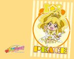  1girl blonde_hair blush boots chibi cure_peace happy kawamura_toshie kise_yayoi long_hair official_art open_mouth ponytail precure smile smile_precure! solo staff tiara v wallpaper yellow_eyes 
