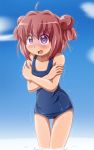  1girl ahoge akaza_akari clouds double_bun feet_in_water hair_bun one-piece_swimsuit open_mouth outdoors partially_submerged redhead school_swimsuit shishinon short_hair sky soaking_feet swimsuit thigh_gap trembling violet_eyes water yuru_yuri 