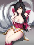  1girl ahri animal_ears bare_shoulders black_hair braid breasts cleavage fox_ears fox_tail highres kumiko_(aleron) large_breasts league_of_legends long_hair looking_at_viewer multiple_tails smile solo tail thighs yellow_eyes 