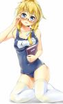  1girl adjusting_glasses ahoge blonde_hair blue_eyes book glasses highres i-8_(kantai_collection) kantai_collection long_hair looking_at_viewer no_hat open_mouth school_swimsuit shuffle_(songdatiankong) solo swimsuit thigh-highs 