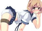  1girl bandaid_on_face bent_over brown_hair fang kantai_collection looking_at_viewer oboro_(kantai_collection) open_mouth panties skirt skirt_lift solo soo underwear violet_eyes white_panties 