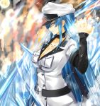  akame_ga_kill! blue_eyes blue_hair breasts cleavage esdeath ffmania7 hat highres ice long_hair military military_uniform peaked_cap uniform 