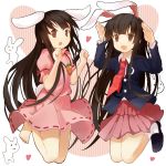  2girls animal_ears barefoot black_hair brown_eyes bunny_tail dress dual_persona efe heart houraisan_kaguya inaba_tewi inaba_tewi_(cosplay) jacket jumping long_hair long_sleeves multiple_girls necktie open_mouth pink_dress pleated_skirt puffy_short_sleeves puffy_sleeves rabbit rabbit_ears reisen_udongein_inaba reisen_udongein_inaba_(cosplay) revision shirt short_sleeves skirt smile tail touhou very_long_hair 