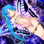  1girl blue_hair breasts butterfly_wings dutch_angle fairy kay_(utd) leaning_forward long_hair looking_at_viewer navel original ponytail solo under_boob wings yellow_eyes 