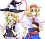  2girls alice_margatroid apron ascot blonde_hair blue_dress blue_eyes blush book braid capelet couple dress hairband hat heart holding holding_book kirisame_marisa long_hair multiple_girls mushroom sash short_hair side_braid simple_background smile touhou waist_apron white_background witch_hat wrist_cuffs yellow_eyes yuri 